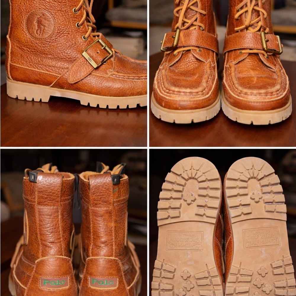 Polo by Ralph Lauren Men's Cognac Leather Lace & Buckle Moc Toe Boots - Picture 2 of 2